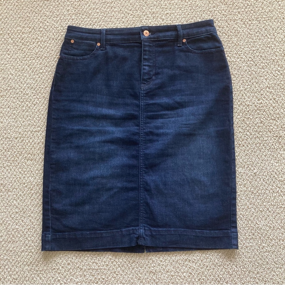 Talbots Denim Midi Pencil Skirt Dark Wash Size 10 Petite 10P Jean Pockets VEUC
